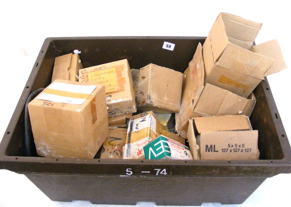 A box of assorted radar chips, valves et