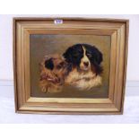 An oil on canvas painting of two dogs si
