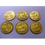 Six gold full sovereigns, 1890, 1876, 18