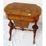 A Victorian burr walnut veneer sewing box table. CONDITION REPORT: Good condition