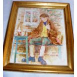 A Colin Carr original watercolour painting of a man seated with a pipe, measuring 12.5" x 10.5",