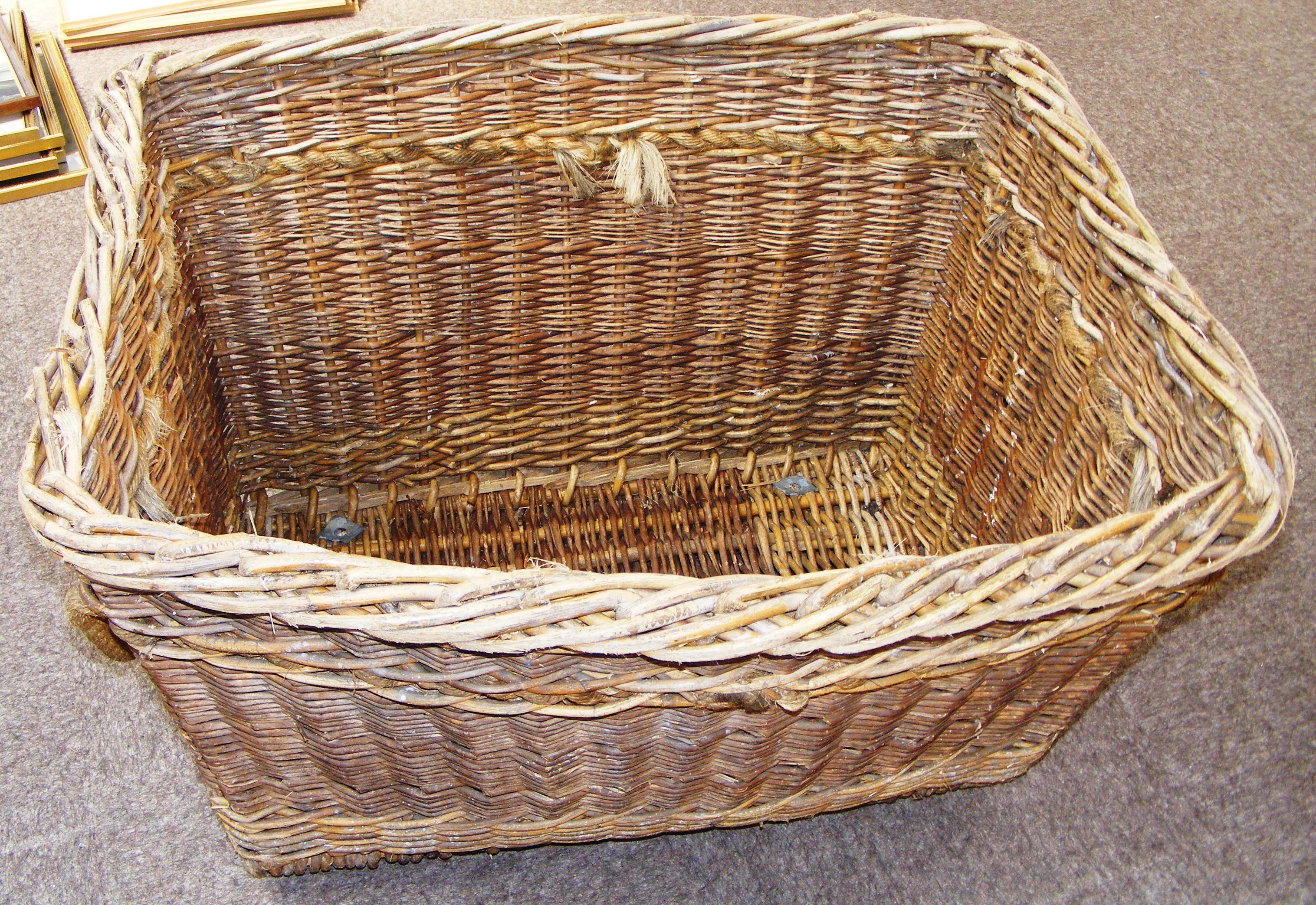 A large antique industrial wicker mill basket on wheels, with makers mark Arthur Craven - Image 2 of 4