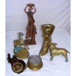 A quantity of brass items including a Sestrel clock.