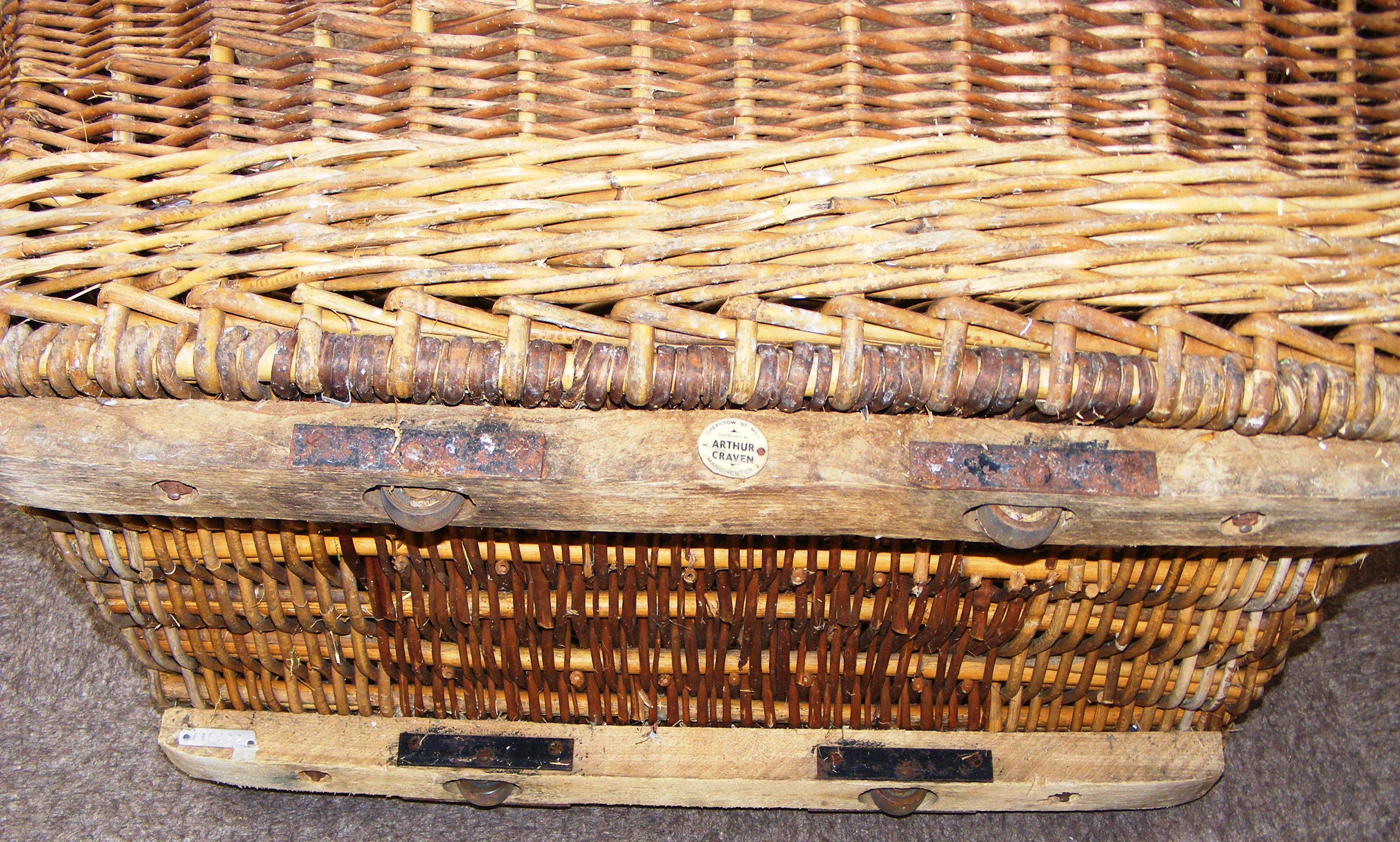 A large antique industrial wicker mill basket on wheels, with makers mark Arthur Craven - Image 3 of 4