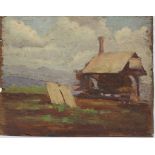 Francesco BRUNERY (1849-1926)	 "La cabane"	 huile sur panneau	 signée en bas à droite	 14 x 18 cm (