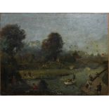 Ecole française du 19e siècle	 "Scène de chasse près d'un point d'eau"	 huile sur toile	 61 x 80 cm