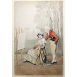 Marcel BRUNERY (1893-1982)	 "Jeune homme et femme à la palette"	 aquarelle sur papier signée en