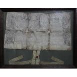 Ancien DOCUMENT MANUSCRIT	 petit cachet de cire rouge	 34 x 60 cm	 encadrement sous verre	 accidents