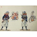 Pierre-Albert LEROUX (1889-1959) attribué à	 " Zouaves 1914 "	 technique mixte	 21 x 29 cm	 numéro