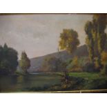 G. THORNOY, "Bord de rivière", huile sur toile signée en bas à droite, 74 x 104 cm (petits accidents