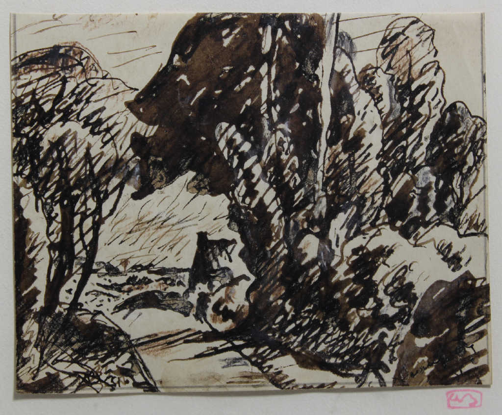 Adolphe Marie BEAUFRERE (1876-1960), "Paysage breton", dessin à l'encre brune et lavis, signé en bas