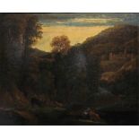 Ecole romaine du 18e siècle, "Paysage de montagne et gardien de vaches", huile sur toile, 60 x 73 cm