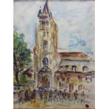 Roland DUBUC (1924-1998), "L'église de Saint-Germain-des-Prés", gouache signée en bas à droite, 48 x