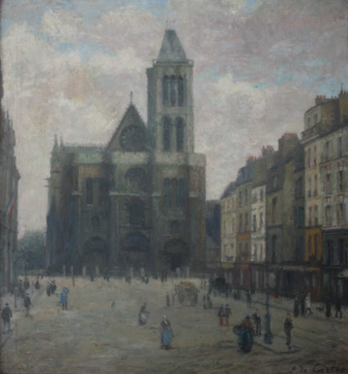 Paul DE CASTRO (1882-1939), "Parvis animé, Rouen", huile sur toile signée en bas à gauche, 84 x 77