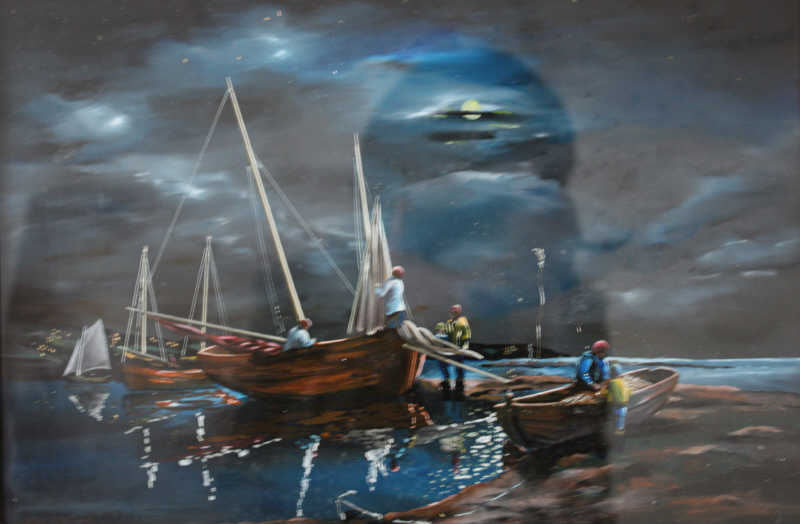 Jean LE GOFF (1925), "Départ de pêche au crépuscule", fixé sous-verre signé en bas à gauche, 23 x 34