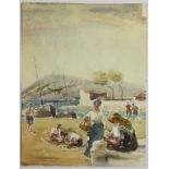 Julien QUONIAM (1876-1954), "Femme au panier et enfants près du port", aquarelle sur papier, 32.5