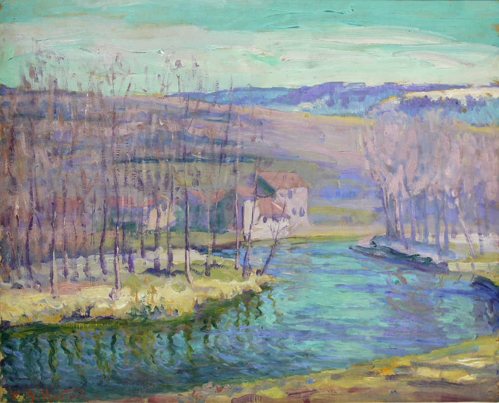 William Samuel HORTON (1865-1936), "Maison près de la rivière", huile sur panneau, signée en bas à