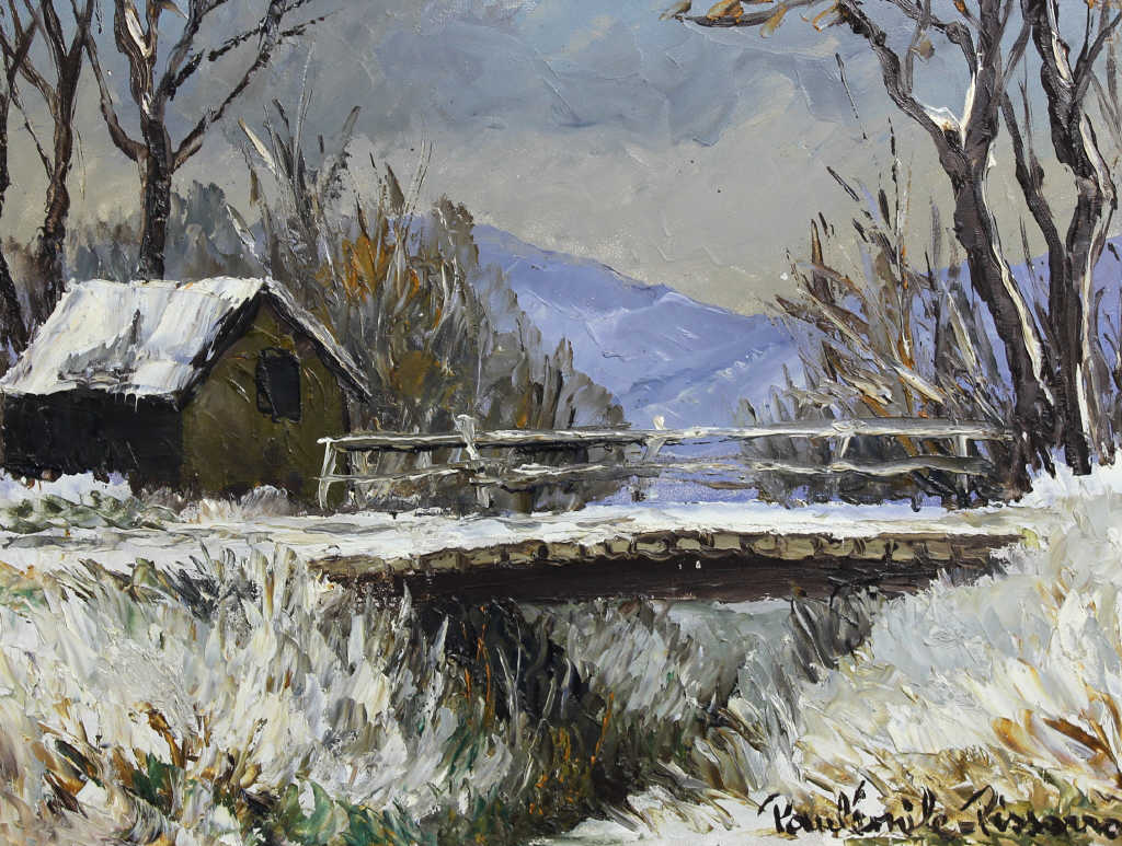 Paul Émile PISSARRO (1884-1972), "Le pont de bois de Vallon de Cantapie enneigé", huile sur isorel