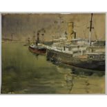 Julien QUONIAM (1876-1954), "Deux paquebots dans le port de Bari", aquarelle sur papier, située en