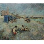 Joseph RAUMANN (1908-1999), "Plage animée au Havre", huile sur toile signée en haut à droite, 45 x