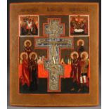 A LARGE RUSSIAN ICON OF THE CRUCIFIXION, 19TH CENTURY. At center an inset cast brass and enameled