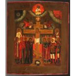 A RUSSIAN ICON OF THE CRUCIFIXION, 19TH CENTURY. At top center within an arched reserve God the