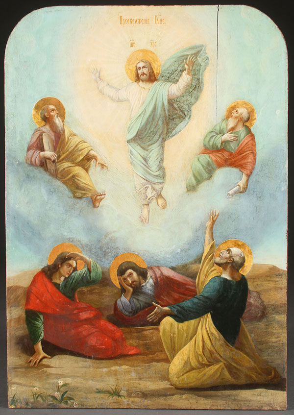 A LARGE RUSSIAN ICON OF THE TRANSFIGURATION, 19TH CENTURY. 27 inches x 19 inches (69 x 48 cm).
