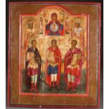A LARGE RUSSIAN ICON OF THE SIGN MOTHER OF GOD WITH SELECTED SAINTS, 19TH CENTURY. At top center,