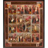 A RUSSIAN ICON OF THE RESURRECTION AND DESCENT WITH FEAST DAYS, 19TH CENTURY. The corners painted