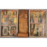 A GROUP OF ETHIOPIAN ICONS AND A COPTIC SCROLL, 19TH AND 20TH CENTURY.   Comprising two similar