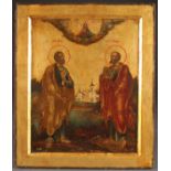 A LARGE AND IMPRESSIVE DOUBLE-SIDED RUSSIAN ICON, NEVYANSK, CIRCA 1800.  One side painted with the