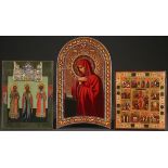A GROUP OF THREE RUSSIAN ICONS, 19TH CENTURY.   Comprising an icon of the Three Hierarchs beneath an