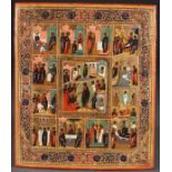 A RUSSIAN ICON OF THE RESURRECTION AND FEAST DAYS, CIRCA 1900. Colorfully painted on a gilt