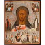 A LARGE RUSSIAN ICON OF THE LORD ALMIGHTY, CIRCA 1860. At center Christ is surrounded by various