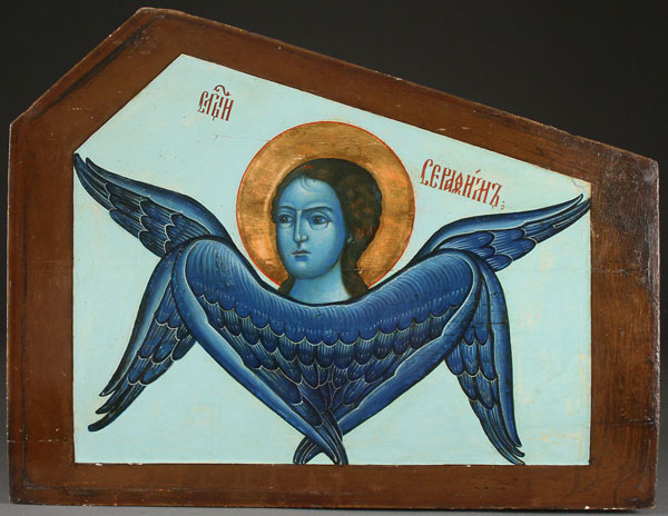A LARGE INTERESTING RUSSIAN ICON OF A SERAPHIM, CIRCA 1890. Executed on a shaped wood panel,