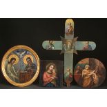 A GROUP OF FOUR RUSSIAN ICONS INCLUDING A PROCESSIONAL CROSS, 19TH CENTURY. Comprising an icon of