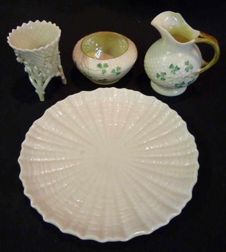 A Belleek Cream Jug and Sugar Bowl, hand