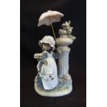 A Lladro Porcelain Group in the form of Young Girl With An Umbrella Beside A Terrace,