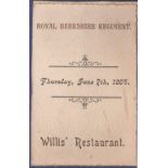 Royal Berkshire Regiment 1894 (7 Jun)  Regimental Dinner Menu, (Willis's Restaurant).  Scarce.