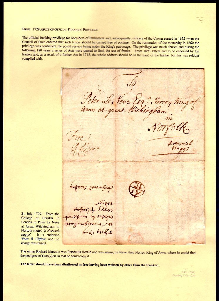 Great Britain - Norfolk 1729 (31 Jul) EL  Abuse of Official Franking Privilege letter from the