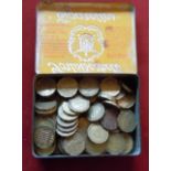 Great Britain Threepence - Brass - small quantity in a tortoiseshell cigarette tin.