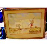 A water colour painting of Horsey Mere Windmill on the Norfolk Broads. Signed by Alan Stuart Parnell