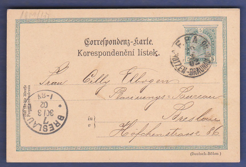 Foreign Postcards - Austria 1902 5 Heller Postal Stationary Card Used Braunau to Breslau.