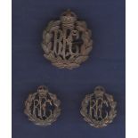 WWI Period Royal Flying Corps Cap badge and collar badges. (Brass) VF