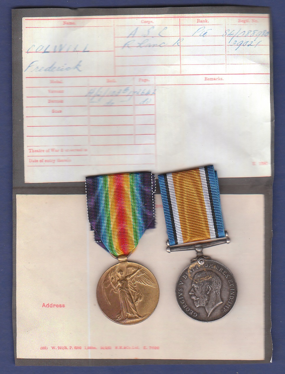 WWI Pair - British War Medal and Victory Medal to PTE S4/088980 F. Colwill ASC and R Lance Regt.