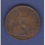 Great Britain Halfpenny - 1862 Queen Victoria Ref S2956, Grade Fine. Die letter 'A' to left of