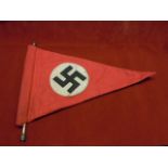 WWII Period German small Swastika table pennant with small rod or car wing. Interesting lot. VF