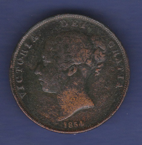 Great Britain Penny - 1854 Queen Victoria PT, Grade Fine.