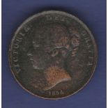 Great Britain Penny - 1854 Queen Victoria PT, Grade Fine.