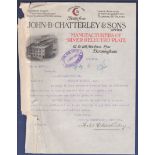 Colour engraved letter headed letter John. B. Chatterley and Son, Manufacture of silver and